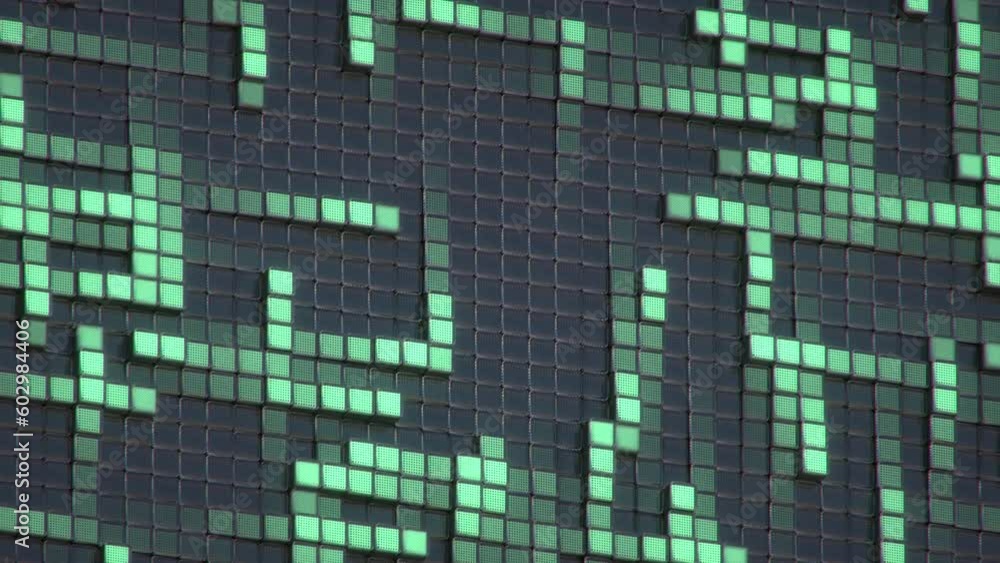 Poster green glow through glass cubes. 3d render seamless loop animation
