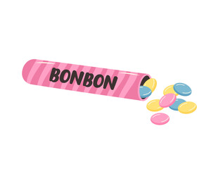 Cute pink candies in package. Sweet chewing bonbons.