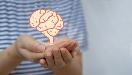 Human hand hold care brain health therapy, alzheimer, cancer, stroke, parkinson, disease, dementia,...