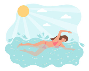 Woman in bikini is swimming outside. Summer vacation, relaxation, recreation, healthy lifestyle, aqua fitness concept.