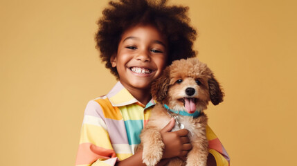 An image captured in a studio shows a joyful afro boy in vibrant attire hugging his pet dog. Generative AI