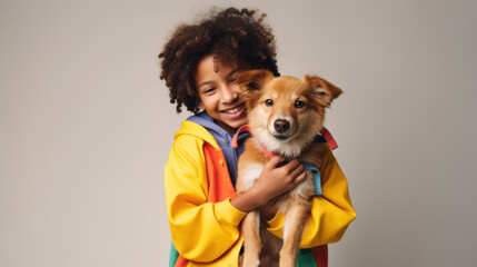 A joyful little afro boy in colorful clothes hugs his dog in a studio setting. Generative AI