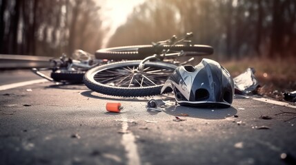 Fototapeta na wymiar Bicycle crash road accident with broken bike and helmet. City background. Dramatic incident illustration. Banner with copy space. AI generative image.