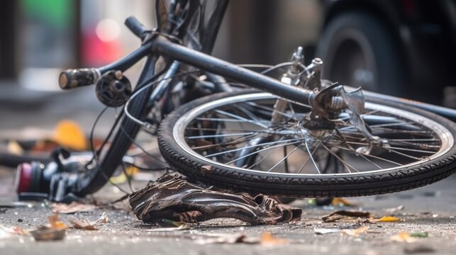Road accident scene with destroyed bike. Bicycle crash on roadside illustration. Outdoor urban background with copy space. AI generative image.