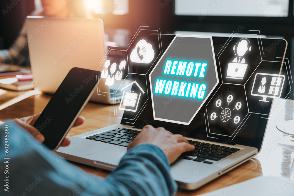 Poster remote working and work from anywhere concept, business woman working on laptop computer with remote