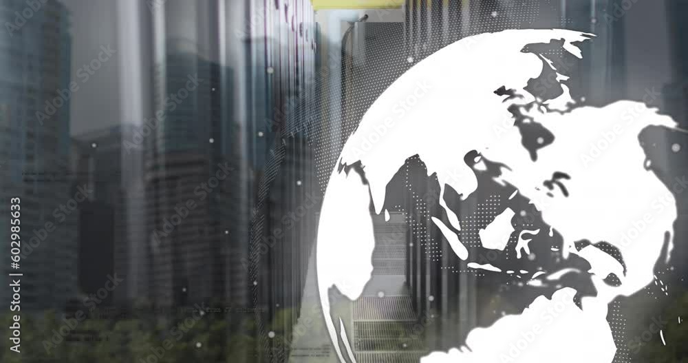 Poster animation of spinning globe and data processing over server room against view of tall buildings