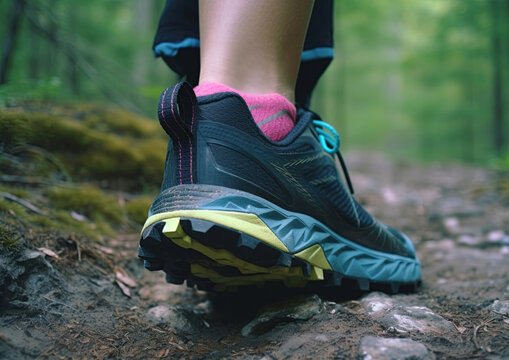 Athlete with sports shoes running on a trail. Focus on the shoes. Generative Ai