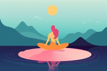 relaxation woman sea back lotus silhouette meditation yoga person exercise ocean. Generative AI.