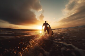 Surfer carrying surfboard at sunset in the ocean. Adventure and travel concept, generative ai beautiful art