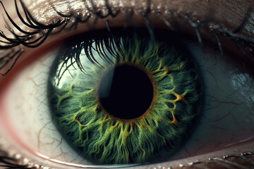 Closeup macro shot of yellow brown, green and blue heterochromia eye iris pupil, hyper detailed, ai generated