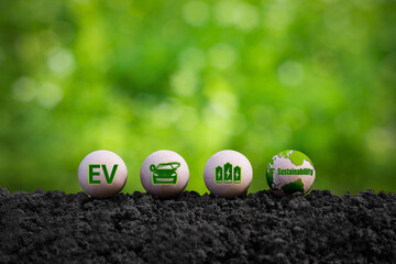 EV energy car concept, round wooden blocks and icons Sustainable green energy produced from renewable resources. The concept of clean energy aims for sustainable production of clean energy.