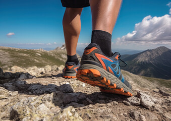 Hiking in the mountains. Athlete with sports shoes running. Close up. Ai Generative