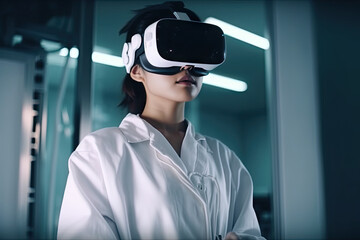 Female asian doctor wearing virtual reality glasses on white bright hospital interior background. Innovative technologies. Generated Ai