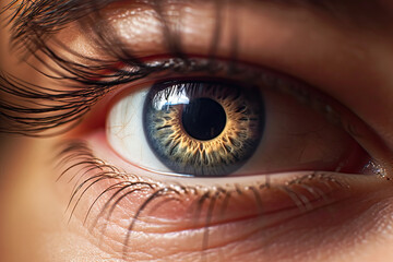 Fototapeta premium Closeup macro shot of yellow heterochromia eye iris pupil, hyper detailed, ai generated