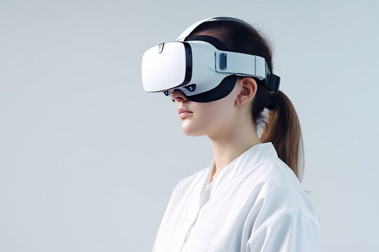 Female Caucasian Doctor Wearing Virtual Reality Glasses Isolated On Bright White Background. Innovative Technologies. Generated Ai