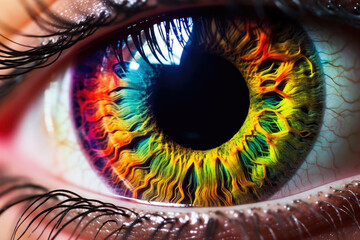 Closeup macro shot of yellow, green and blue heterochromia eye iris pupil, hyper detailed, ai generated