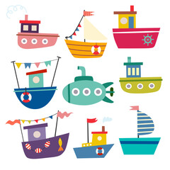 Boat set, vector illustration in cute flat design.