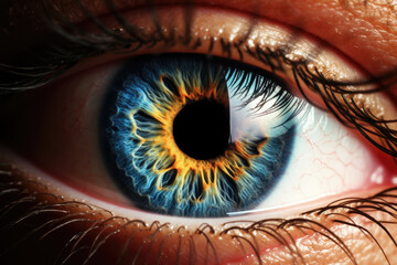 Closeup macro shot of yellow and blue heterochromia eye iris pupil, hyper detailed, ai generated