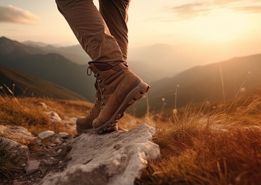Hiker standing at the top of the mountain at sunset. Focus on hikers boots. Generative Ai image