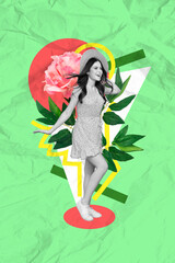 Vertical collage portrait of excited mini pretty black white gamma girl big fresh flower isolated...
