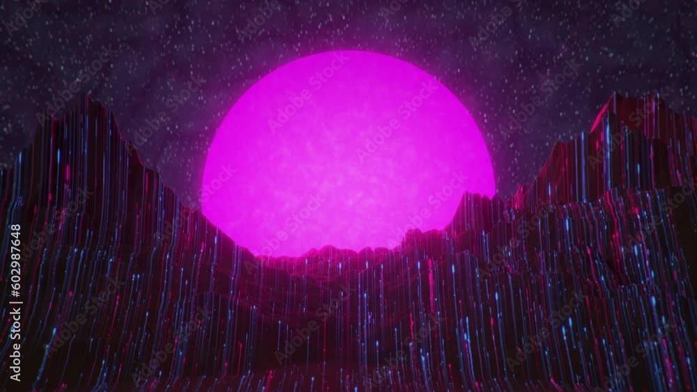 Poster futuristic fantasy landscape with neon light lines. seamless loop 3d render animation