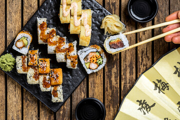 sushi with chopsticks