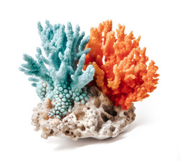 small red / orange and teal coral reef isolated over a transparent background, cut-out sea / ocean, home decor or eco system and environment  awareness and protection design element, generative AI