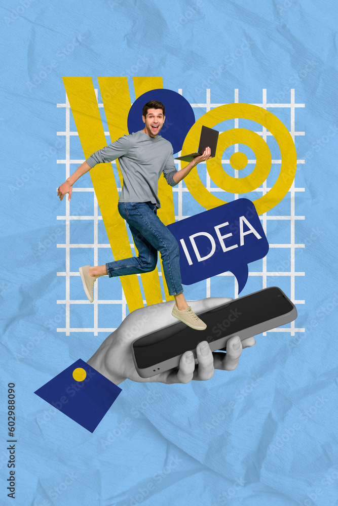 Poster creative collage of young excited funny man programmer has idea online job solution how save time is
