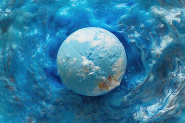 Obraz na płótnie Canvas One bath bomb on an abstract colored water surface background. Water bombshell, creative wallpaper in blue colors. Close-up, concept of handmade bombs. Generative AI professional photo imitation.