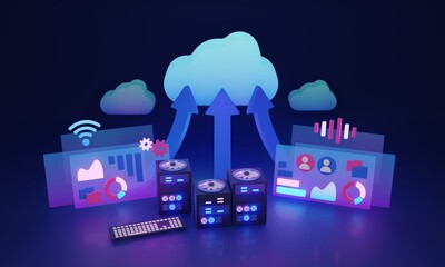 Cloud migration as file integration and upload 3D illustration concept. Smart data management and storage system for back up servers. User information transfer from HDD drives to digital computing. - obrazy, fototapety, plakaty