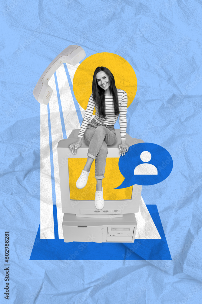 Sticker Exclusive sketch collage of young call center support worker woman use pc helpline telecommunication customer isolated on blue background