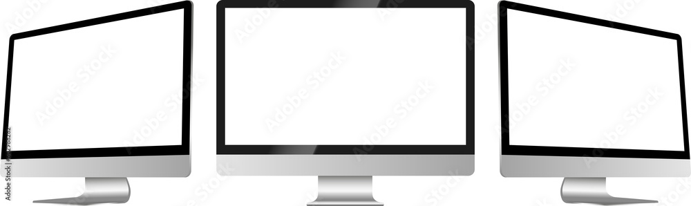 Poster realistic mockup computer. screen monitor display on three sides with blank screen for your design. 