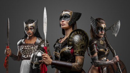 Naklejka premium Portrait of three attractive female warriors dressed in iron armors.