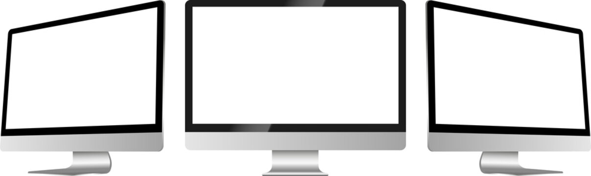 Realistic Mockup computer. Screen monitor display on three sides with blank screen for your design. PNG image