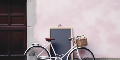 Spring mockup with vintage bicycle and basket against concrete wall Empty space for text on poster. background for outdoor ads. Generative ai