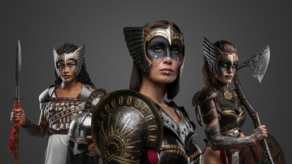 Portrait of majestic amazons dressed in armors armed with spear and axe.