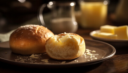 Freshly baked bread and butter on plate generated by AI