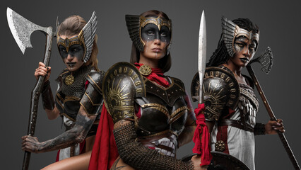 Shot of three amazons with armour and axes against gray background.