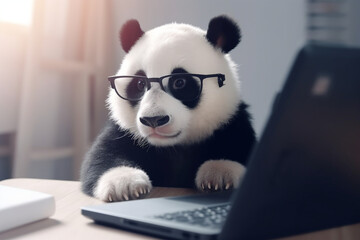 cute panda playing laptop