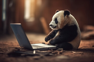 Fototapety  cute panda playing laptop