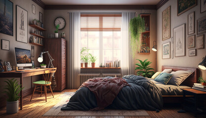 Room decoration bed wall photo light design AI Generated Art