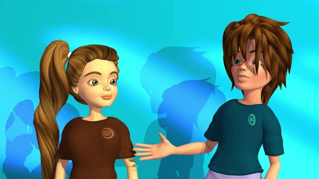 3d animation, two cartoons characters talking in front of a blue background