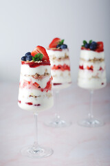 Strawberry milk yogurt desert in glasses