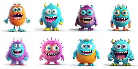 Happy Halloween. Monster colorful 3d set. Cute kawaii cartoon scary funny baby character. Eyes, tongue, tooth fang, hands up. White background - obrazy, fototapety, plakaty
