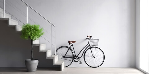 Modern Interior mockup with  bicycle on white wall background. empty template  with place for text for outdoor ads,banner. Generative ai