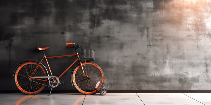 Interior mockup with orange bicycle with basket on grey concrete wall background. empty template  with place for text for outdoor ads,banner. Generative ai