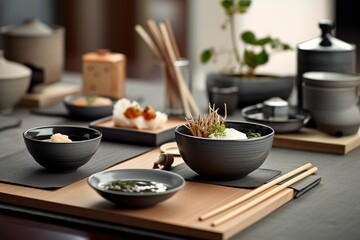 Modern asian tableware on the dining bar table. Japanese modern style sushi bar mes en place - Generative AI