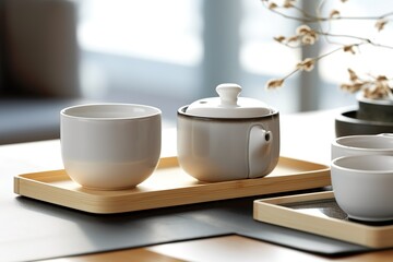 Traditional Asian Tea Set - ceramic teapot and teacups for tea ceremony on a wooden table - Generative AI