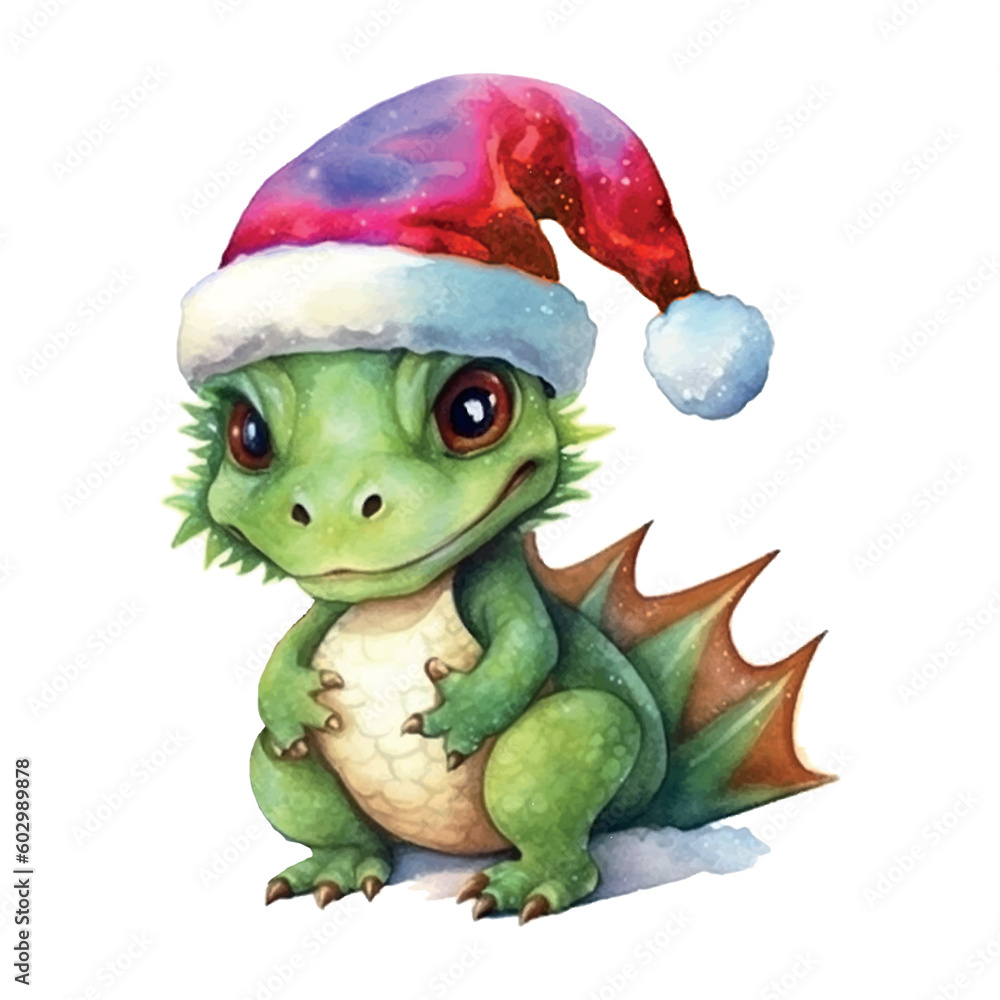 Sticker fantasy cute dragon with christmas hat, great design watercolor white color background. new year 202