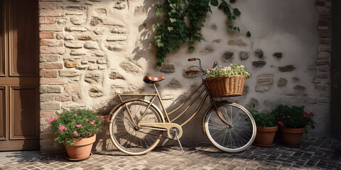 Fototapeta na wymiar Courtyard exterior template. terrace with, outdoor furniture, classic bicycle with wicker basket against concrete wall. plants pots on a floor. Generative ai